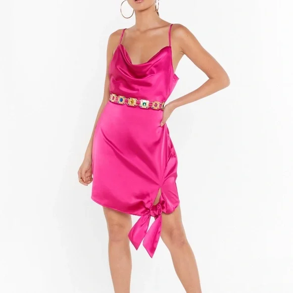 open lace back dress Neon Pink Satin Cup Detail Mini Dress main image 1